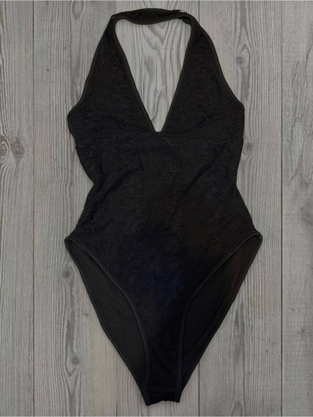 Fashion Nova Black Halter Plunge Lace Bodysuit